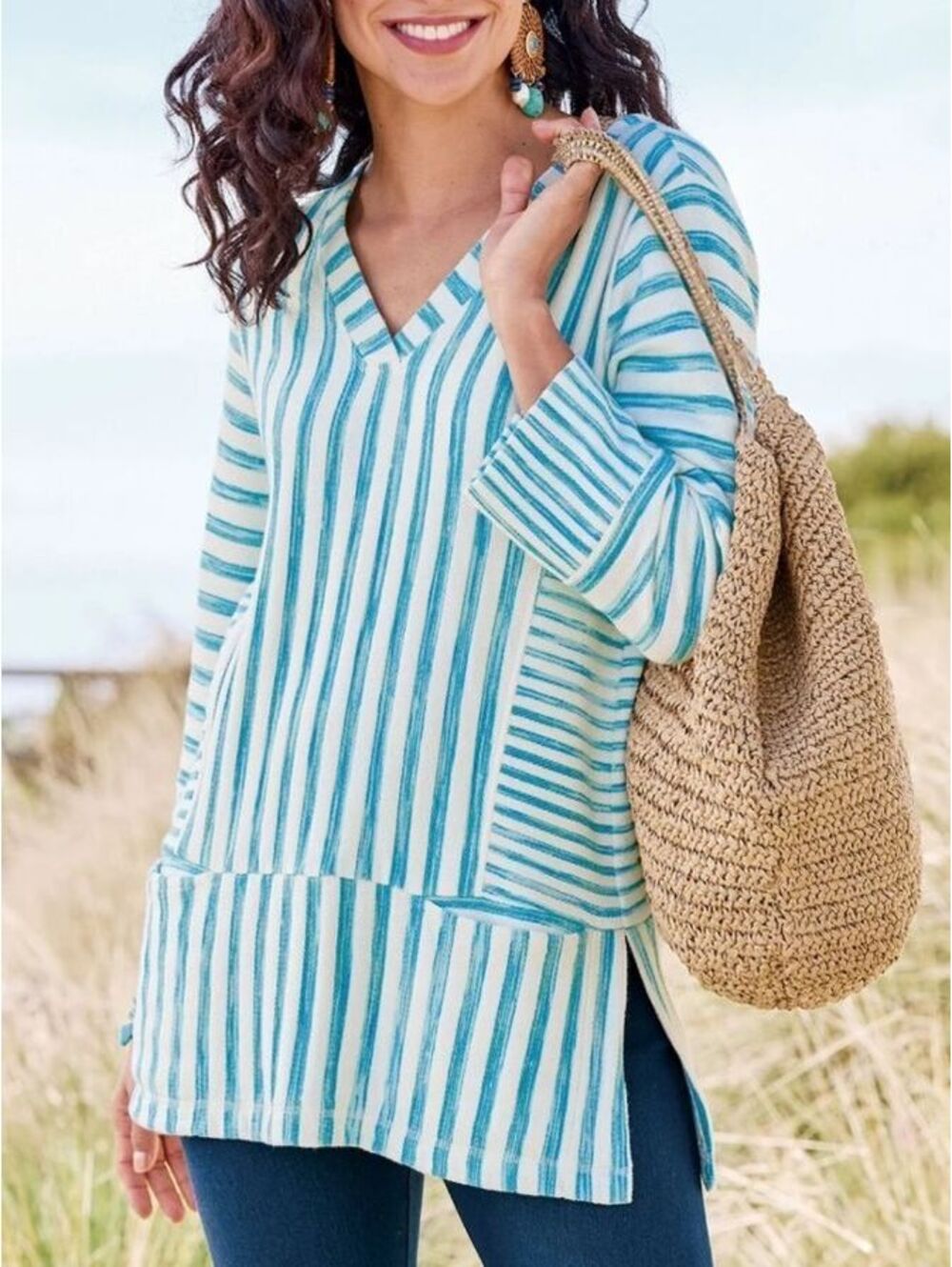 Soft Surroundings Briza Striped Tunic Cover Up Blue White NWT Petite M